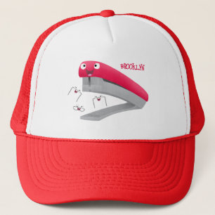 Schattige rode gelukkige nietmachine cartoonillust trucker pet