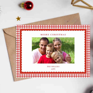 Schattige rode geruite kerst fotokaart feestdagenkaart