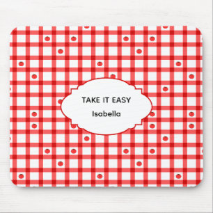 Schattige Rode Gingham Tomaten Neem het Leven Lich Muismat