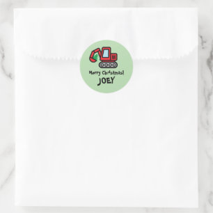 Schattige rode graafmachine met kerstboom kleine k ronde sticker