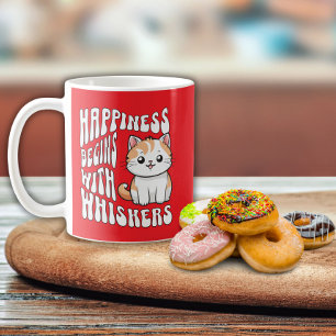Schattige rode grappige kat die zegt koffiemok
