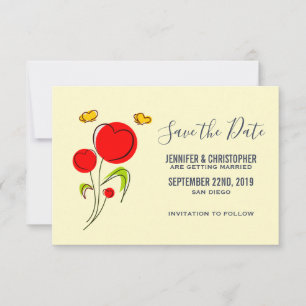 Schattige Rode Hartbloemen en Gele Vlinders Save The Date