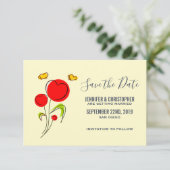 Schattige Rode Hartbloemen en Gele Vlinders Save The Date (Staand voorkant)