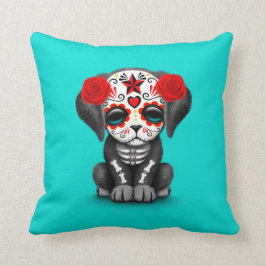 Schattige rode hondenskelet puppy hond blauw kussen