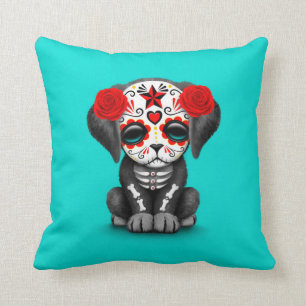 Schattige rode hondenskelet puppy hond blauw kussen