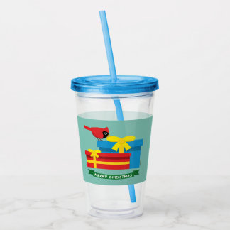 Schattige Rode Kardinaal Opent Een Blauwe Cadeau Acryl Drinkbeker
