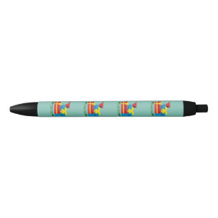 Schattige Rode Kardinaal Opent Een Blauwe Cadeautj Zwarte Inkt Pen