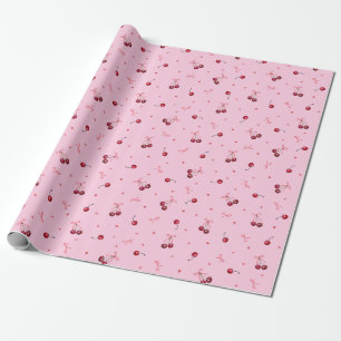 Schattige rode kersen harten linten op roze cadeaupapier