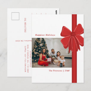 Schattige Rode Lint Boog Verpakt Foto Kerstmis Briefkaart