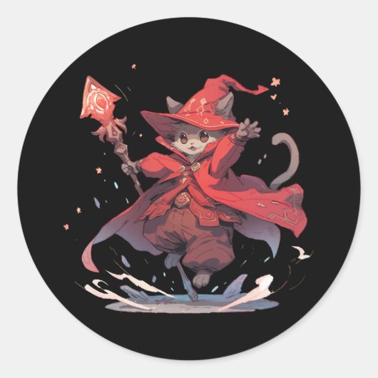 Schattige Rode Magiër Kat Held Ronde Sticker (Voorkant)
