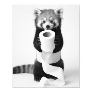 Schattige Rode Panda met Toiletpapier Minimalistis Foto Afdruk