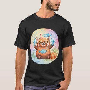 Schattige Rode Panda Waterverf met Vis Kawaii Illu T-shirt