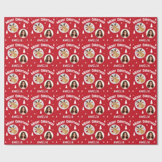 Schattige rode rendier kind naam foto vrolijk kers cadeaupapier (Vlak)