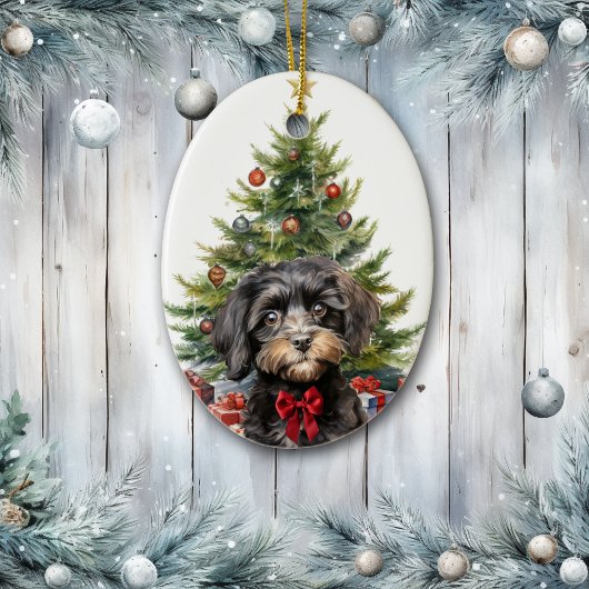 Schattige Rode Strik Zwarte Lichtbruine Cavapoo Ho Keramisch Ornament