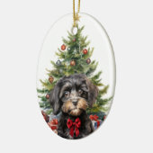 Schattige Rode Strik Zwarte Lichtbruine Cavapoo Ho Keramisch Ornament (Links)