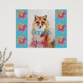 Schattige Rode Vos Dier Turquoise Roos Rozen Poster (Keuken)