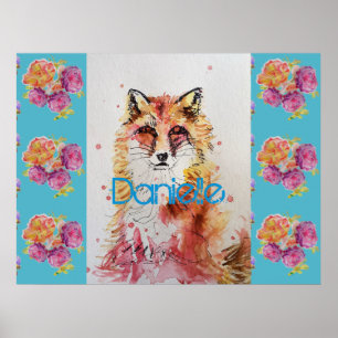 Schattige Rode Vos Dier Turquoise Roos Rozen Poster