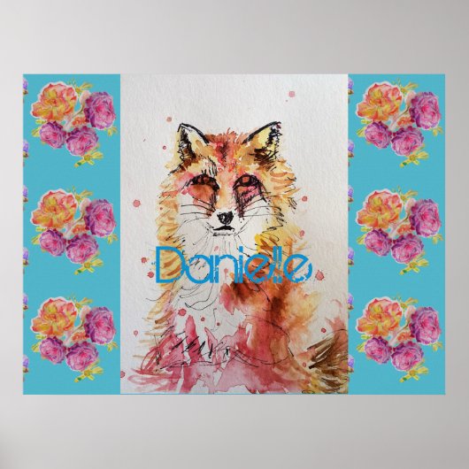 Schattige Rode Vos Dier Turquoise Roos Rozen Poster (Voorkant)