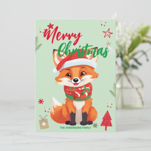 Schattige rode vos kerstman Kerstvakantie Familie  Feestdagenkaart (Staand voorkant)