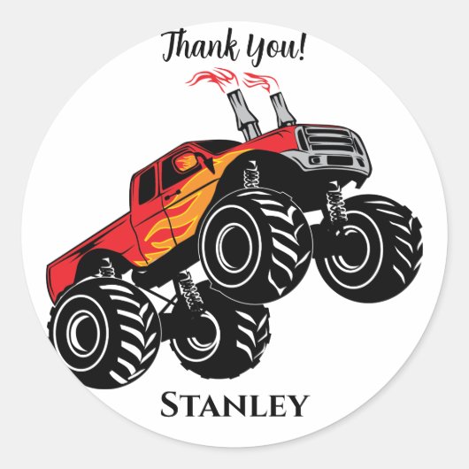 Schattige rode zwarte naam monstertruck bedankt ronde sticker (Voorkant)