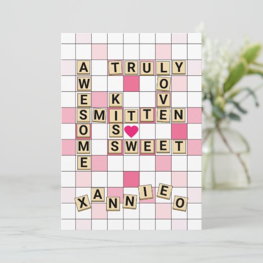 Schattige romantische woordtegelpuzzel Valentijn Feestdagenkaart (Staand voorkant)