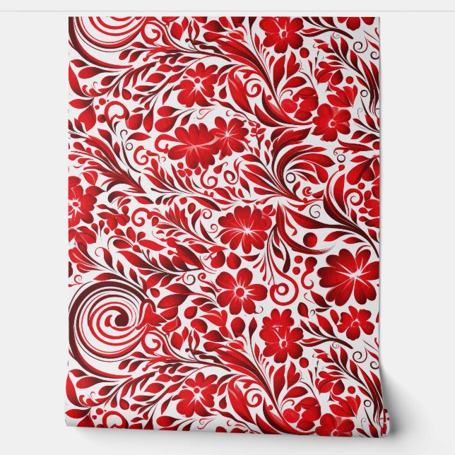 Schattige rood betegelde twirl bloemmotief behang (Afrollen)