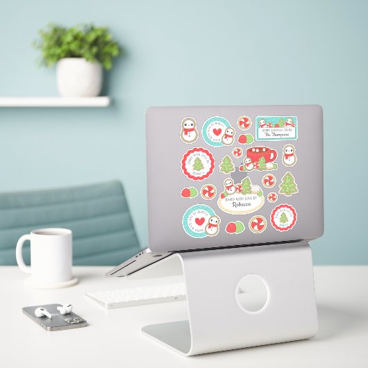 Schattige rood & blauw vakantie bakken cookie illu sticker (Laptop op bureau)