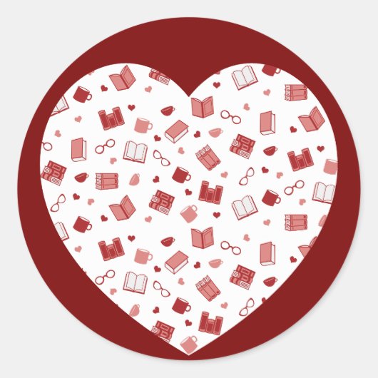 Schattige rood boek en leespatroon op het hart ronde sticker (Voorkant)