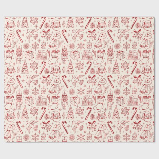 Schattige rood Doodle Christmas Wrapping Paper Cadeaupapier (Vlak)