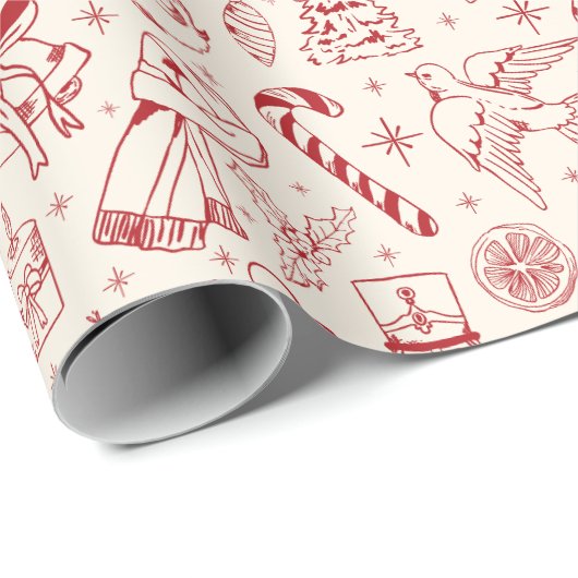 Schattige rood Doodle Christmas Wrapping Paper Cadeaupapier (Rol Hoek)