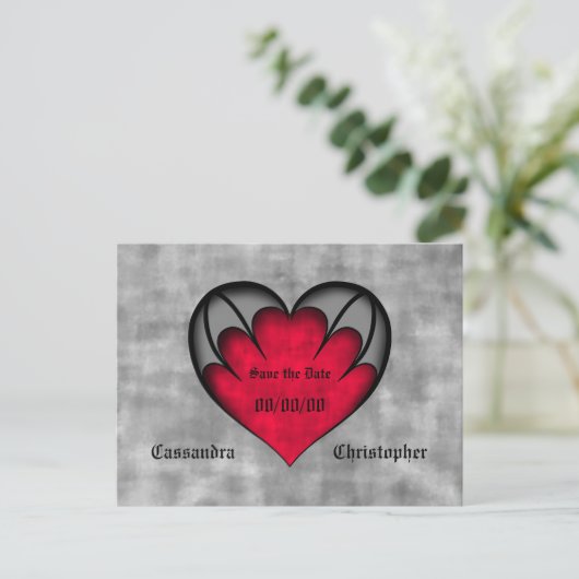 Schattige rood en grijs gotisch hart opslaan van d briefkaart (Staand voorkant)