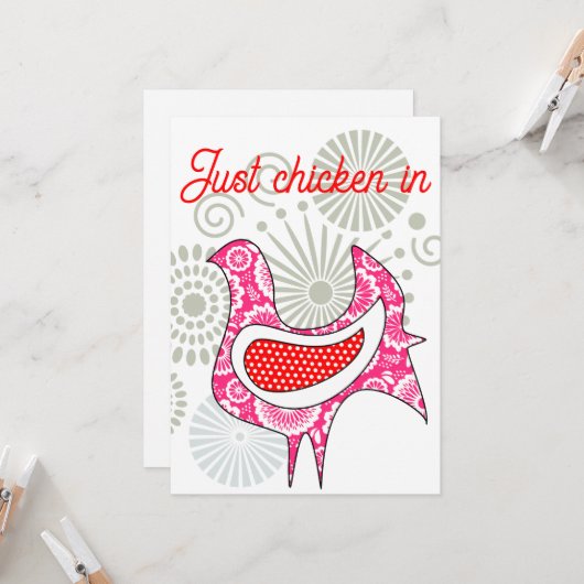 Schattige Rood en Roze boerderij kip retro bloemen Kaart (Voorkant / Achterkant in situ)