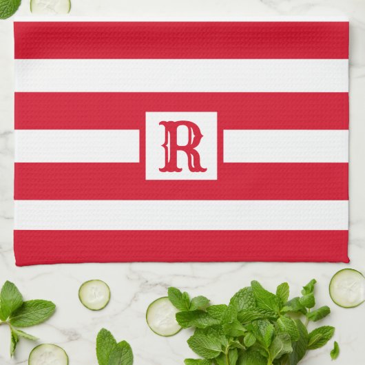 Schattige Rood en Wit Gestreept Ontwerp Enig Initi Theedoek (Gevouwen)