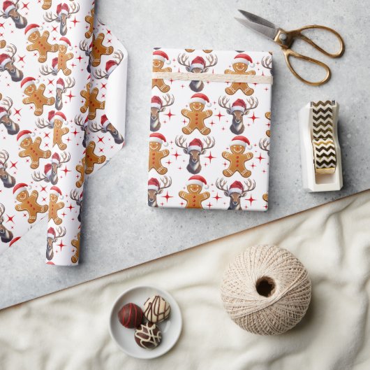 Schattige Rood en Wit Gingerbread Man Rendier Cadeaupapier (Crafts)