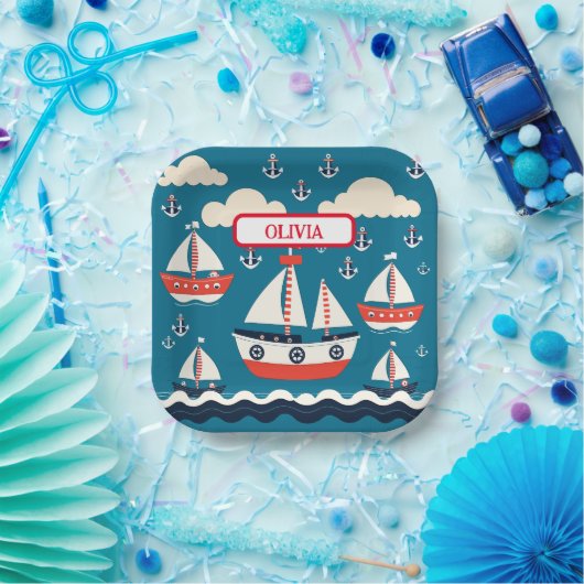 Schattige Rood en Wit Zeilboot met Ankers Papieren Bordje (Feest)