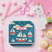 Schattige Rood en Wit Zeilboot met Ankers Papieren Bordje (Feest)