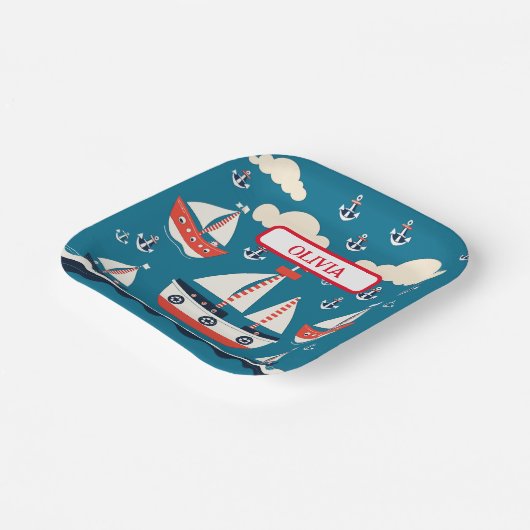 Schattige Rood en Wit Zeilboot met Ankers Papieren Bordje (Gebogen)