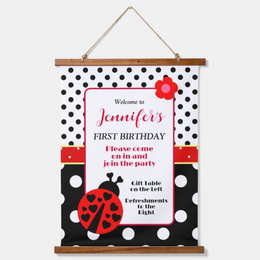 Schattige Rood en Zwart Lieveheersbeestje Welkomst Hangend Wandkleed (Voorkant)