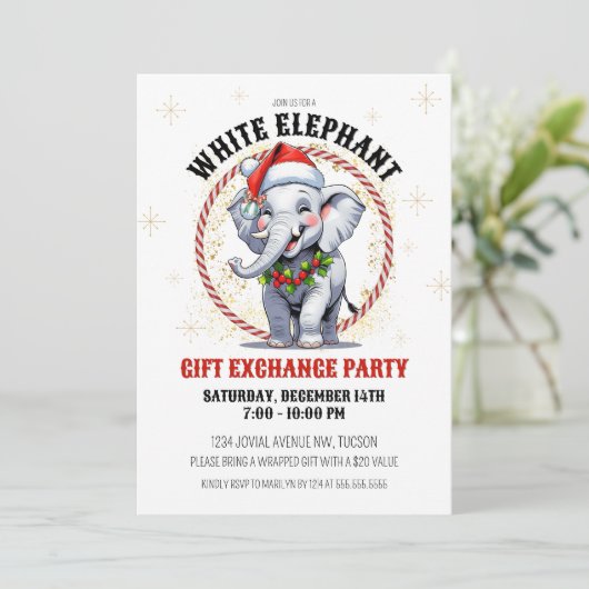 Schattige Rood Goud Vakantie Witte Olifant Gift Ex Kaart (Staand voorkant)