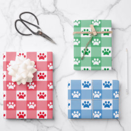 Schattige Rood Groen Blauw Gingham Paw Print Patro Inpakpapier Vel