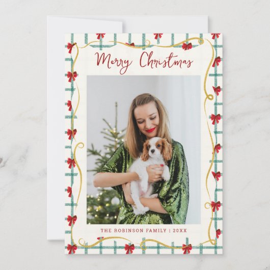 Schattige Rood Groen Boog Patroon Vrolijk Kerstfee Feestdagenkaart (Voorkant)