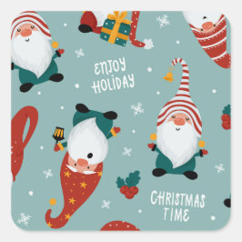 Schattige Rood Groen Geel Elf Gnome Kerst Patroon Vierkante Sticker