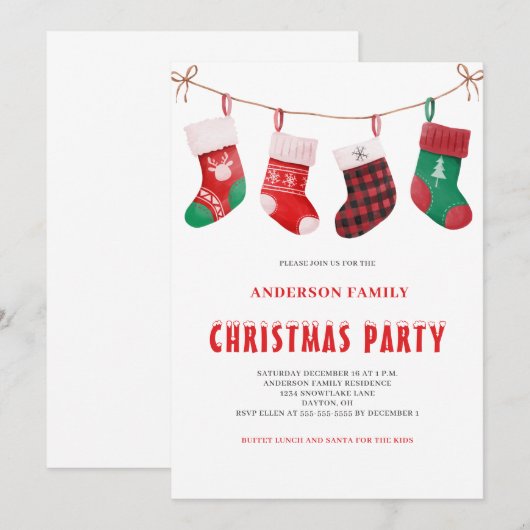 Schattige Rood Groen Kerstmis Kous Waterverf Kaart (Voorkant / Achterkant)