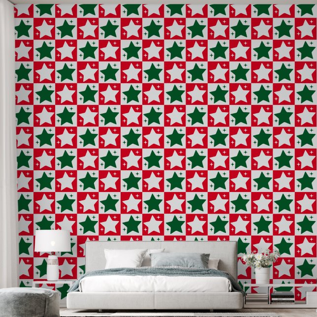 Schattige rood groen kerststerrenpatroon behang (Slaapkamer)