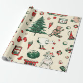 Schattige Rood Groen Speelgoed Paard Kerstboom Cadeaupapier (Uitgerold)