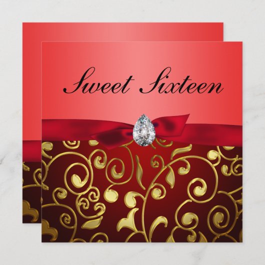 Schattige Rood Lint Goud Bloempatroon Sweet Sixtee Kaart (Voorkant / Achterkant)