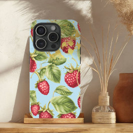 Schattige rood, pastelblauw en goud frambozenfruit iPhone 15 case