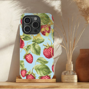 Schattige rood, pastelblauw en goud frambozenfruit iPhone 15 case