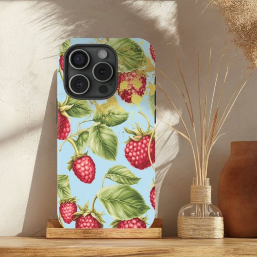 Schattige rood, pastelblauw en goud frambozenfruit Case-Mate iPhone case