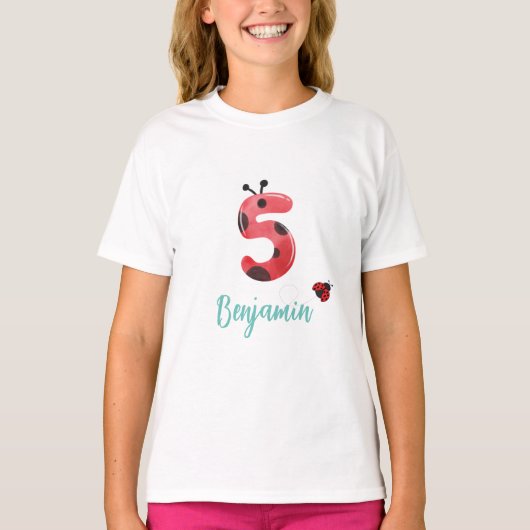 Schattige rood Polka dot Ladybug 5th Verjaardagsfe T-shirt (Voorkant)